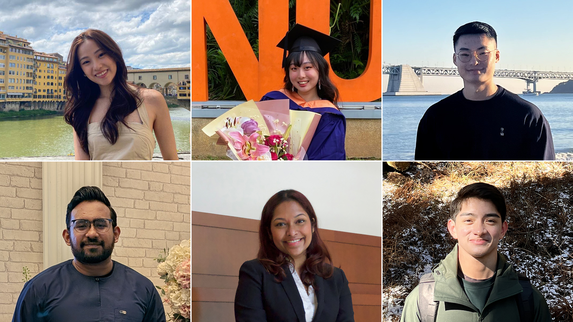 The interdisciplinary education at NUS has equipped graduates (clockwise from top left) Micole Chan, Chen Hsiao Ting, Joel Gwey, Rhys Thiagarajan, Saashtika Mohan, and Faruq Khan Bin Hayat Khan with key attributes to stay adaptable and thrive in their careers. Hailing from diverse fields ranging from Accounting, Communications, Computing, and Engineering, NUS graduates and their peers continue to enjoy strong employment outcomes amidst global uncertainties.