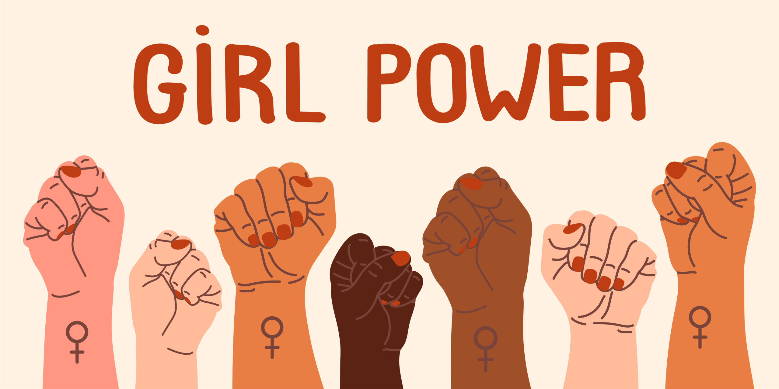 Multiracial Woman's hands her fist raised up. Girl Power, sisterhood, society, support, healthy life, compassion, protest, revolution, feminists fight, vector cartoon illustration