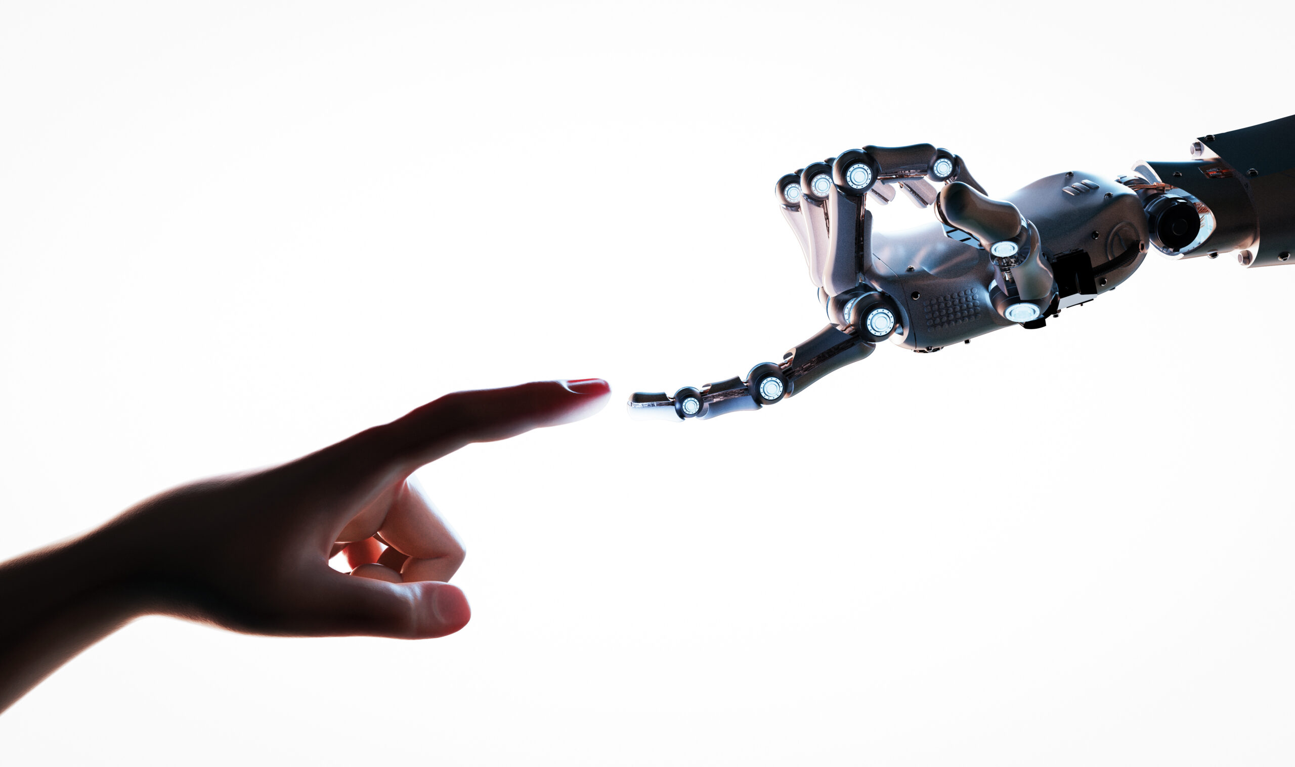 Technology connection concept with 3d rendering robot hand connect to human hand