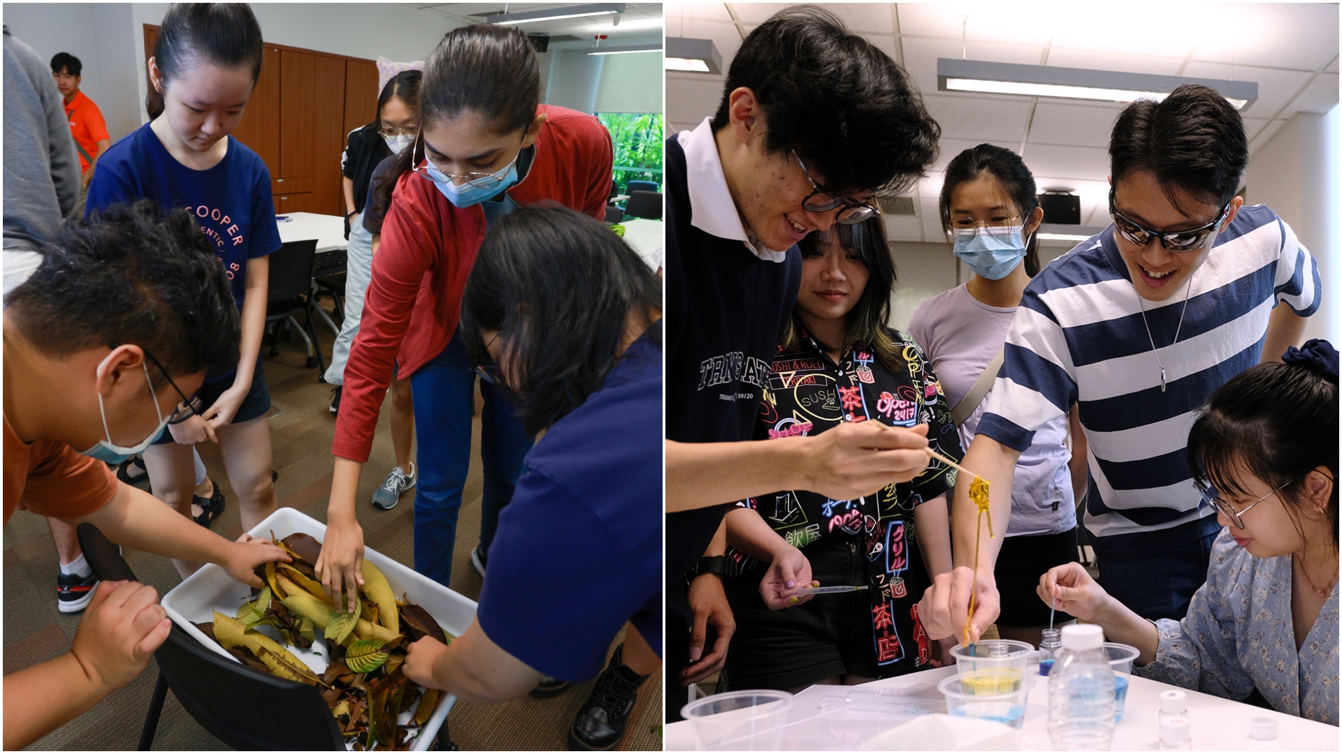(Left) Participants at an NUS College special class conducted by Dr Ang Yuchen picking out their ‘companion leaf’ as part of a lesson on the importance of love and beauty in observational science. (Right) Participants making ‘pearls’ and ‘noodles’ during a class conducted by Associate Professor Tok Eng Soon, who teaches the Nanoscale Science And Technology course.